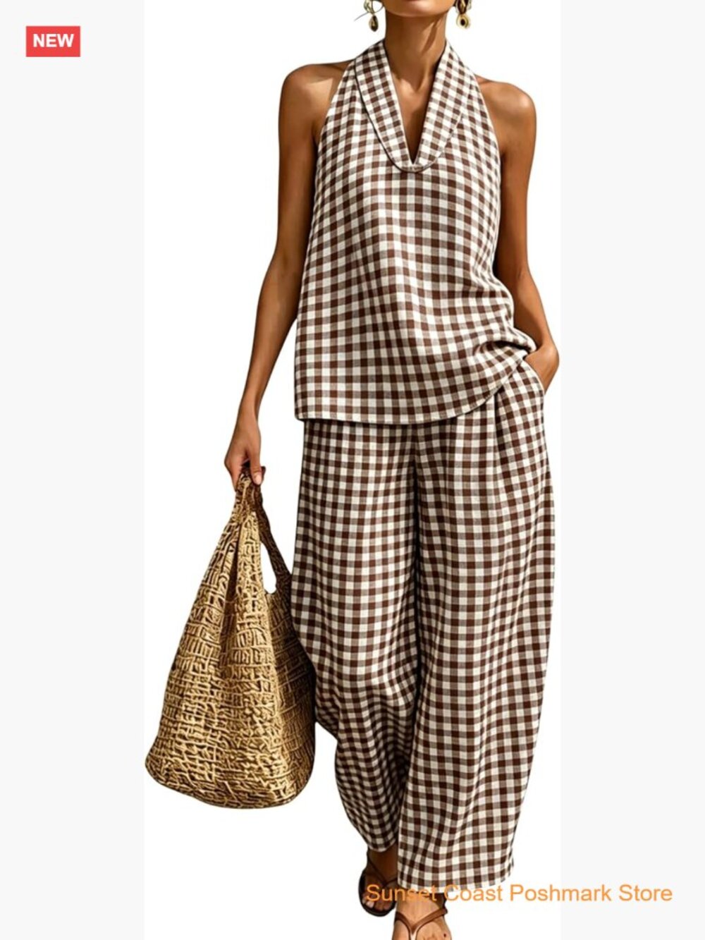 Women's Gingham 2 Piece Set Halter Neck Sleeveless Top Pant Casual Cotton